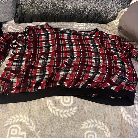 Red black multi sheer pullover crewneck top.shirt blouse sweatshirt sweater - Picture 2 of 4